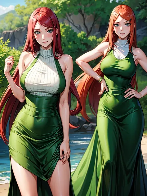 uzumaki_kushina, large_breasts, standing, solo, kushina_green_dress, masterpiece, best quality, detailed face, detailed eyes, highres, smile, (masterpiece:1.4, best quality:1.2), (Highres), (Detailed Illustration), Ultra-Detailed, konohagakure, uzumaki_kus...