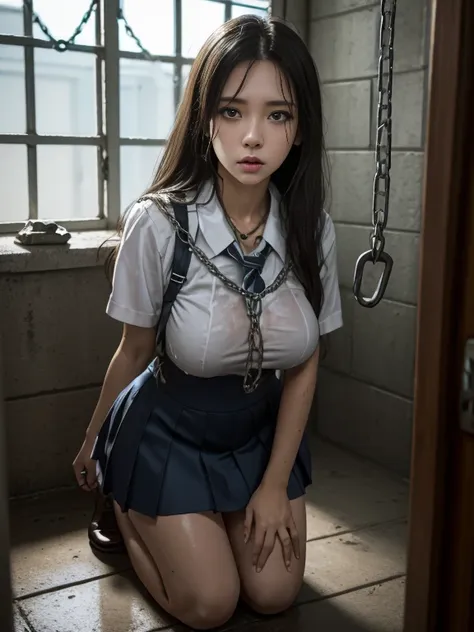 jk school girl uniform , punished, , kneeling, behind bars, dungeon, be punished, in prison cell, many chains hang, bound by cha...