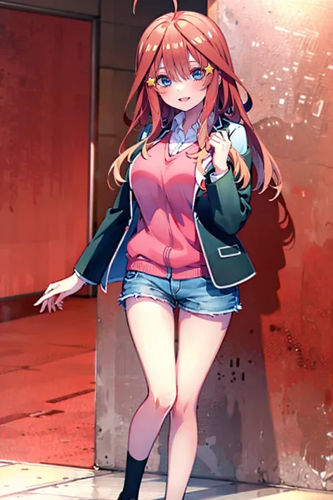 (8K, Highest quality, Highest quality, masterpiece), aaitsuki, long hair, ahoge, star hair ornament, (fullbody), smile, school uniform, blazer, black jacket, open jacket, red sweater, long sleeves, (denim hot shorts), (mini shorts), big breasts, (open legs...