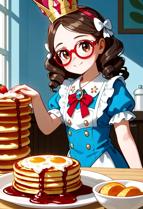  masterpiece, breakfast goddess, seductively sitting on large stack of pancakes with syrup,, detailed face, detailed breakfast themed world, cute breakast decorations, pancakes, waffles, eggs, toast, fruit, turning to look at viewer, brown eyes, cute glass...