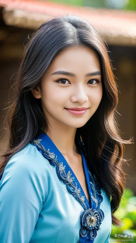 Indonesian girl, 18 years old, (masterpiece), Javanese skin tone, best quality, expressive eyes, perfect face, (ultra realistic), (blue Formal Suit), Smile, Long Black Hair, innocent face, natural wavy hair, brown eyes, High resolution, masterpiece, Best q...