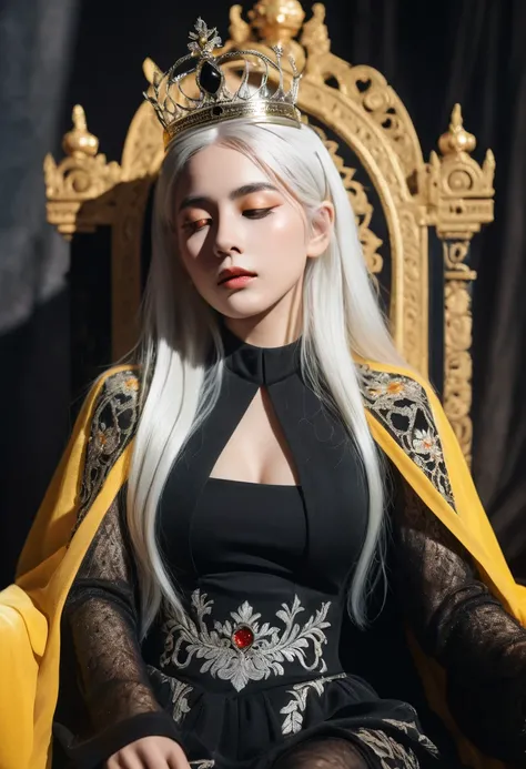 Hyperrealistic art, regal theme, low angle shot, highly detailed and intricate. A solo female with a perfect body, white hair, and glowing yellow eyes, dressed in black see-through clothes with an emperor’s aura. She’s wearing a crown, sitting on a throne,...