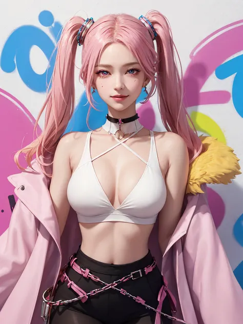 (Masterpiece, best quality, 1 girl, alone, complicated details, Chromatic aberration), realistic, ((Moderate breath)),long hair, pink hair, Red headpiece, Pink Highlights, hair on one eye,purple eyes, earring, sharp eyes, choker, Neon coat, She wears a col...