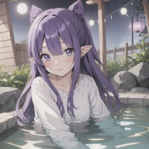 anime girl long purple hair {{Soak in a hot spring}}. she has pointy ears. Manga kawaii. iridescent ,An illustration