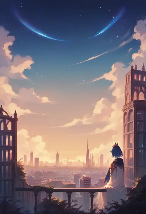 sky, Star (sky), scenery, Starry sky, evening, 1 girl with blue hair and crown,evening sky, Alone, outdoor,, wide, City