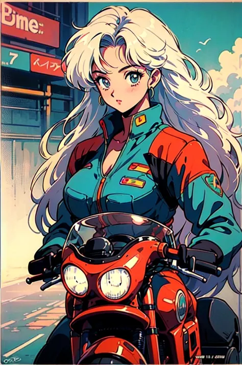 (80s, Retro, City Pop Poster:1.5), (Album cover), (masterpiece, Highest quality), (anime, figure), 
Goku from Dragon Ball, Black, spiky, Yellow and blue racing suit with "CAPSULE" and "bs" logos, number 14, Purple motorcycle with yellow accents, labeled "C...