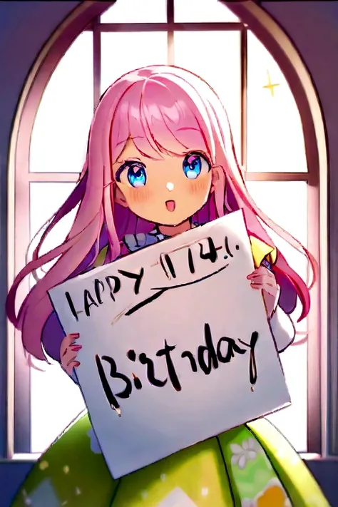 "A young 16 year old waifu, with long, wavy pink hair, bright blue eyes and a colorful dress with floral details. He has a friendly and comforting expression, happy because today is her best friend&#39;s birthday, Daniela. The waifu holds a large paper wit...