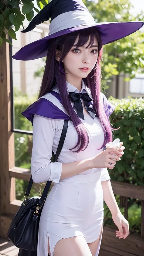 (a revealing white and purple witch cosplay、witch hat、witch&#39;s wand、witch&#39;s short skirt、witch boots、witch sitting by the ...