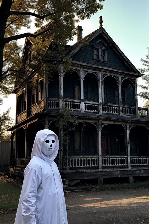 A very very horror gost with a horror house behind the horror gost