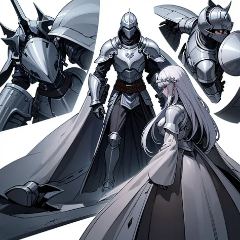 ((Full body character concept, Detailed character design))、(From the back、Back view、back)、Highest quality, Best Quality,Best illustrations、(((Iron Helmet))),Medieval Armor、Medieval Knight、Full grey armor、(((20-year-old male)))、Dramatic Angle、(battle)、battl...