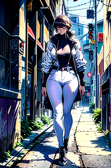 agine a image of The sun is setting, A young woman dressed CATWOMAN in a WHITE clothes , JEANS PANTS AND JACKET WHITE. The outfit accentuates her curves, and her confident posture radiates her inner strength, perfect and detailed BEAUTIFUL WOMAN, Alone wit...