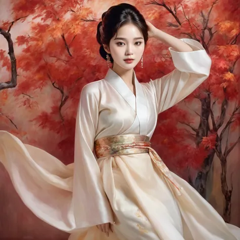 A stunning painting of Song Hye-kyo, renowned South Korean actress, model, and dancer, in a mesmerizing mahwa art style. She is dressed in a traditional Korean hanbok, her hands delicately tied together behind her wall high with a shimmering gold chain. Th...