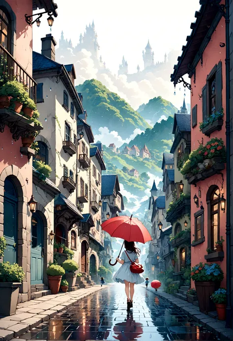 cute illustration: landscape,street corner on a rainy day,a landscape that looks like an illustration from a picture book,rich i...