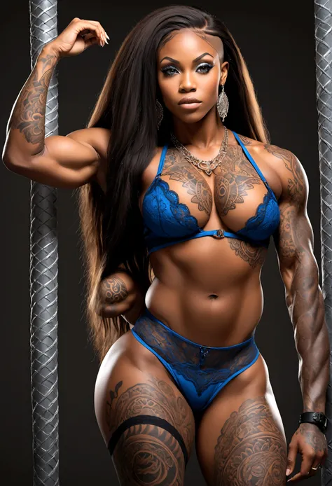 Create a hyper detailed photograph of a tattooed muscular young sexy African goddess, Stunningly perfect gorgeous face, perfect makeup, detailed vibrant eyes, long hair, big beautiful muscular legs, big beautiful muscular arms, big back muscles, realistic ...