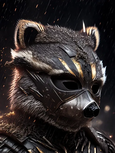 Close-up (Terminator Flash from DC in Viking style: 1.3) (raccoon mask:1.6), emerging from wet black mud, extremely detailed, smoke, sparks, metal shavings, flying debris, volumetric light