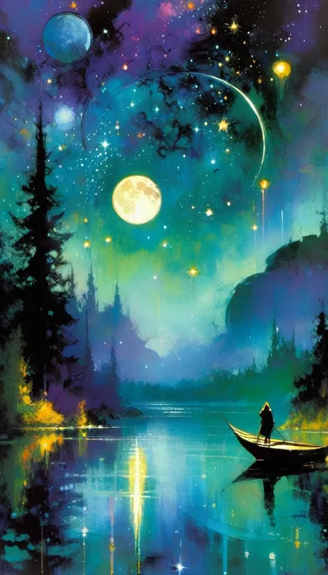 beautiful lake, magic, fantastic, night sky, moon, stars, background (art inspired by Bill Sienkiewicz). oil painting)
