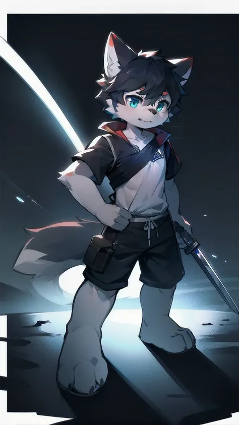 White Wolf，black hair，Sky blue eyes，hairy，Wolf ears，Wolf tail，Full body portrait，The character is in the center of the frame，Handsome，Confident eyes，male，juvenile，Black and white combat uniform，Red neck bib，Black shorts，Short sleeve，hairy arms and legs，Dar...