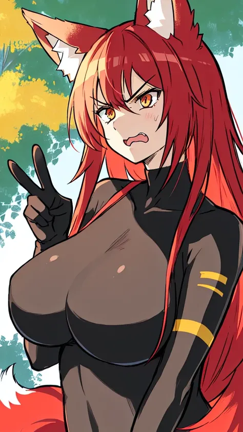 1girl ,20s,angry face,black bodysuit,(red hair),long hair,fox ears, sunny, park,peace_sign,upper body