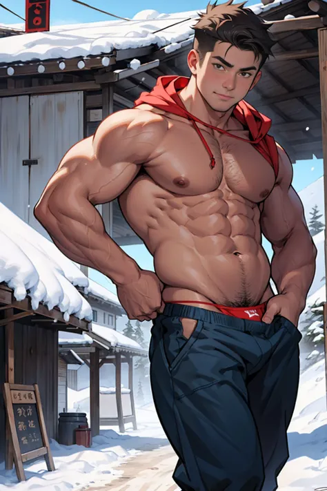 Draw a chubby cute boy，Stand in front of a hut in the snow。Goggles are worn on the forehead，Wear a tight red apple Calvin Klein mens underwear and curved legs.，The clothes are open to reveal the belly，Chubby 18 year old boy，The crotch protrudes，pupils，prom...