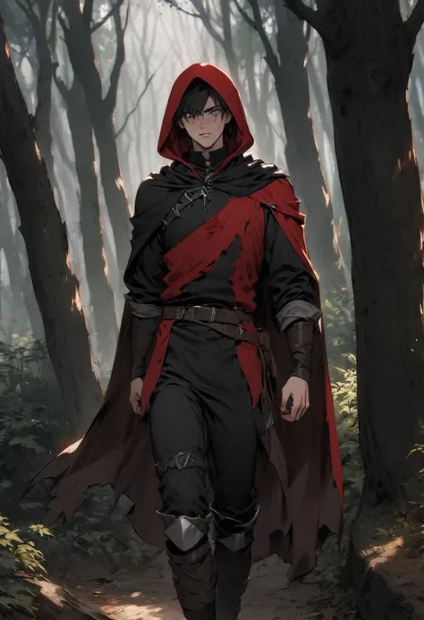 young man ,Male Dark, dark Woods,Red & Black colors, gray eye, rogue dnd, wear cape, hood, have scar