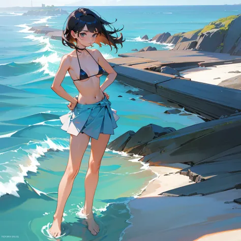 Micro Bikini，With skirt，Summer Sea，The right and left feet are on the ground，Right hand on hip，The left hand is on the waist