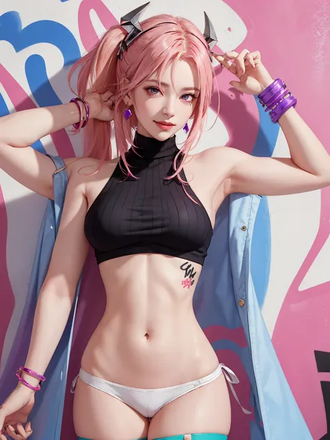 (Masterpiece, best quality, 1 girl, alone, complicated details, Chromatic aberration), realistic, ((Moderate breath)),long hair, pink hair, Red headpiece, Pink Highlights, hair on one eye,purple eyes, earring, sharp eyes, choker, Neon coat, She wears a col...