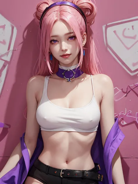 (Masterpiece, best quality, 1 girl, alone, complicated details, Chromatic aberration), realistic, ((Moderate breath)),long hair, pink hair, Red headpiece, Pink Highlights, hair on one eye,purple eyes, earring, sharp eyes, choker, Neon coat, She wears a col...