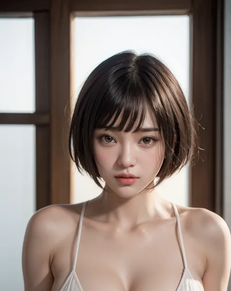 zydG, 1girl, detailed skin, looking at viewer, brown eyes, (short hair with bangs:1.2), (medium breasts:1.0), (medium areolae:0.8), 
(photorealistic:1.4), (best quality:1.0), (ultra highres:1.0), 8k, RAW photo, (masterpiece:0.2), (pureerosface_v1:0.5)