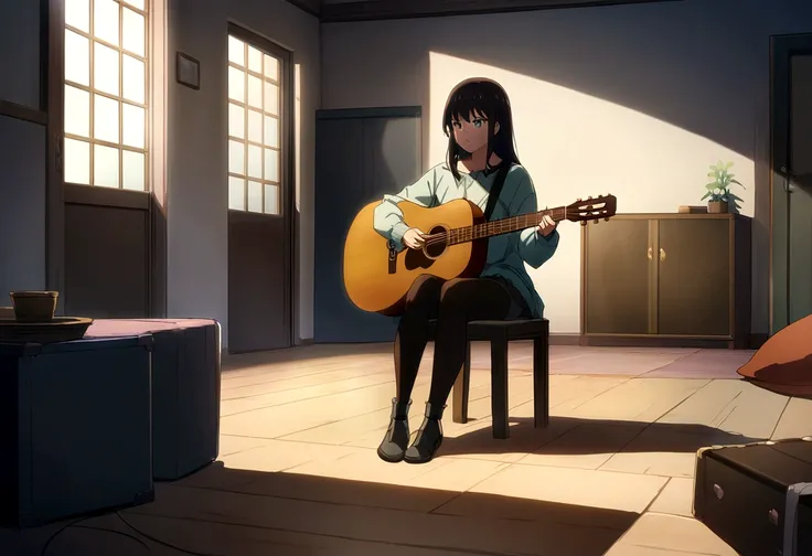 Dark-haired woman playing an acoustic guitar in a room,anime,masterpiece, Highest quality, High resolution,Xin Haicheng、