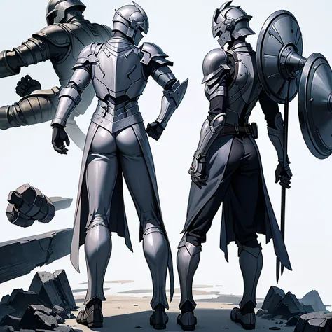 ((Full body character concept,、Full Body、Detailed character design))、(From the back、Back view、back)、Highest quality, Best Quality,Best illustrations、(((Iron Helmet))),Medieval Armor、Medieval Knight、Full grey armor、(((20-year-old male)))、Dramatic Angle、(bat...