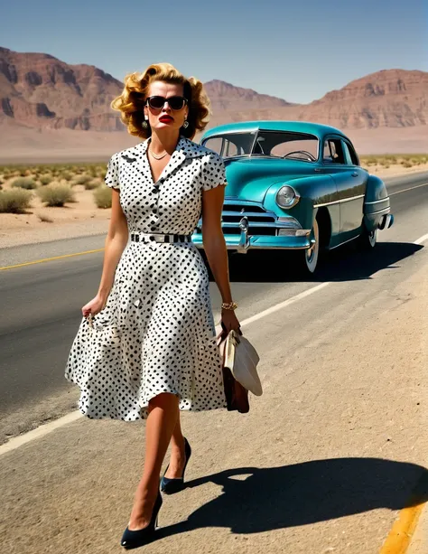 1950s style, angry [woman:maude adams:0.1] in a polka dot dress, leaving her broke down and steam comes out of her hudson hornet...