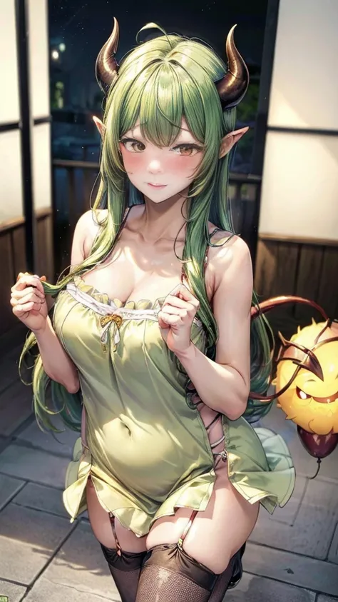 (Masterpiece, Best Quality, photograph-realistic), (Innocent Anime Demon Queen, Adorable, Cute, Lovely Young Lady), (Cheerful Expressions), (1 girl, demon queen), (Medium Perky Breasts,  Figure), (Cute Revealing Sexy Sundress, Lime Green with Golden Trim),...