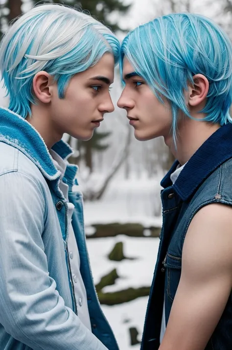 A girl representing summer with white hair and a boy representing winter with blue hair looking at each other 