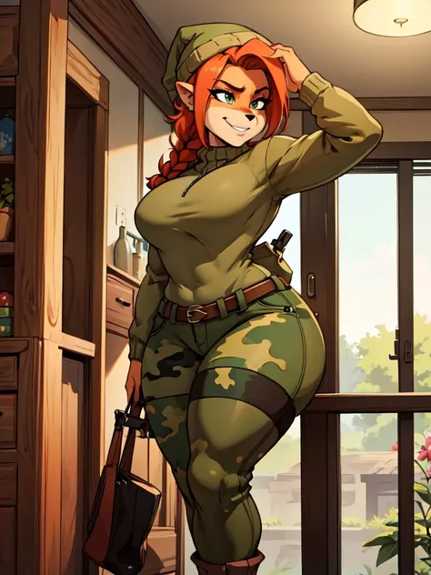 (best quality,4k,8k,highres,masterpiece:1.2),ultra-detailed,realistic:1.37,portrait, sancy anthro bandicoot girl redhead, braided hair, beautiful green eyes,  sexy ,seductive, warm sweater, beanie-balaclava, camouflage pants, army boots, smirking, cozy lig...