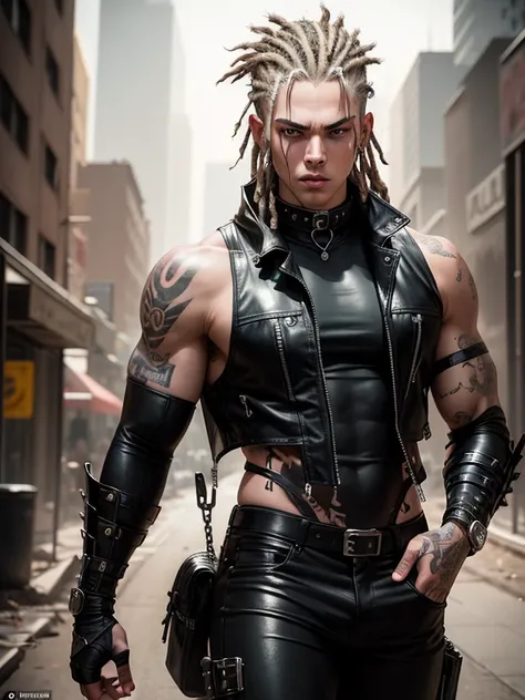 In the Wasteland , 18 year old handsome young man in Wolf style, from DC comics, with dreadlocks, intergalactic anti-heroine, known for her cruelty and sarcastic behavior.. He is depicted as an alien humanoid with pale white skin., long black dreadlocks, a...