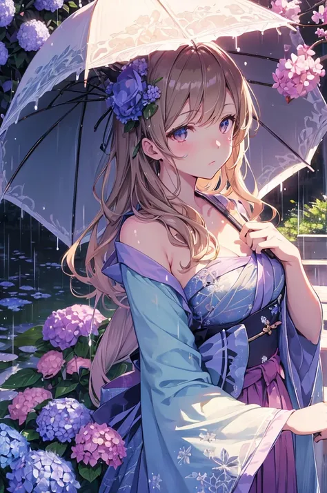 Hydrangea-themed artwork, ((Highest quality)), High resolution, 8K, Cinematic Light, High Contrast, Written boundary depth, Strong brilliance, Detailed Background, One Girl, cute, fine grain, Shining Eyes,rain、Holding an umbrella、yukata