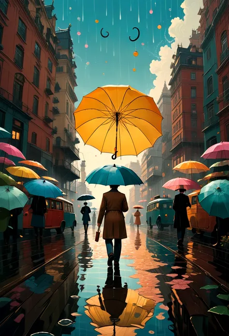 Person with an Umbrella, by Wes Anderson, best quality, masterpiece, very aesthetic, perfect composition, intricate details, ultra-detailed