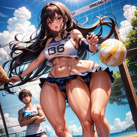 / Brown eyes, long dark hair, / big tits / girl with、lighting like a movie、The bikini、beachvolley、Shoot spikes、beach volley ball、spring、jump、(thighs thighs thighs thighs:1.5)、huge tit、jump、shout out、get angry、