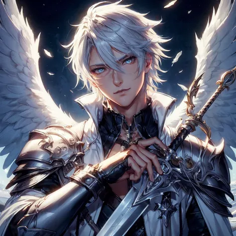 Highly detailed, High Quality, Masterpiece, beautiful,I want an image of a man with white hair and skin, who is attractive and has two angel wings and medieval armor and a long sword. I also want the eyes to be more detailed and the hair looks good. I want...