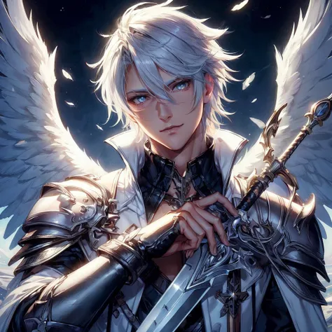 Highly detailed, High Quality, Masterpiece, beautiful,I want an image of a man with white hair and skin, who is attractive and has two angel wings and medieval armor and a long sword. I also want the eyes to be more detailed and the hair looks good. I want...