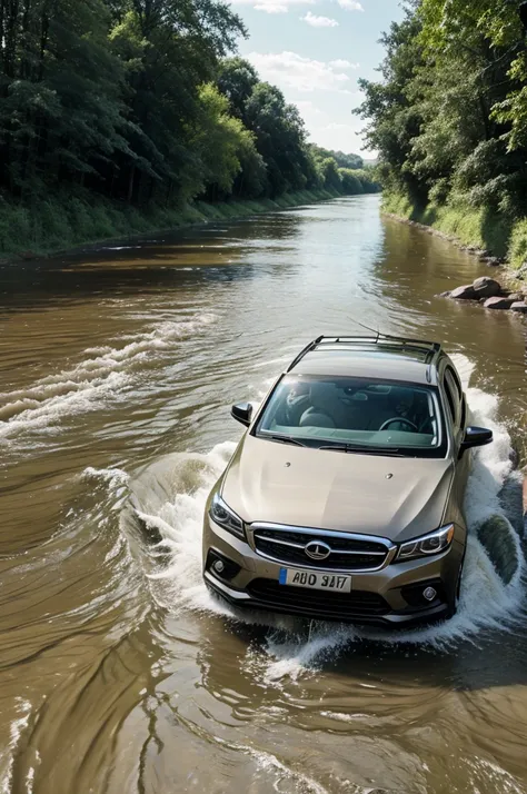 A car is driving on the river bank