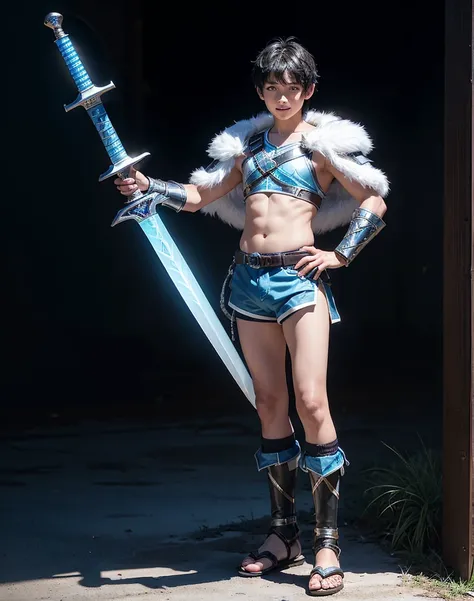 Young 13-year-old boy with black hair and brown eyes, innocent and happy, dressed in short neon-blue medieval barbarian clothes, fur shorts, light-blue battle armor, weilding silver sword and shield, sandals; fullbody; short hair, boyish athletic, sexy, me...