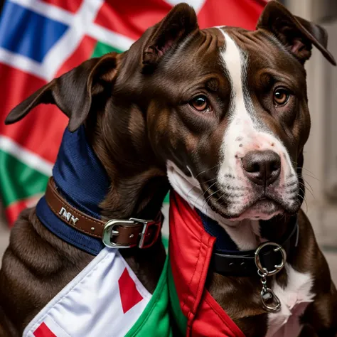 Pitbull humanoid dog, dog clothes with the Italian flag 