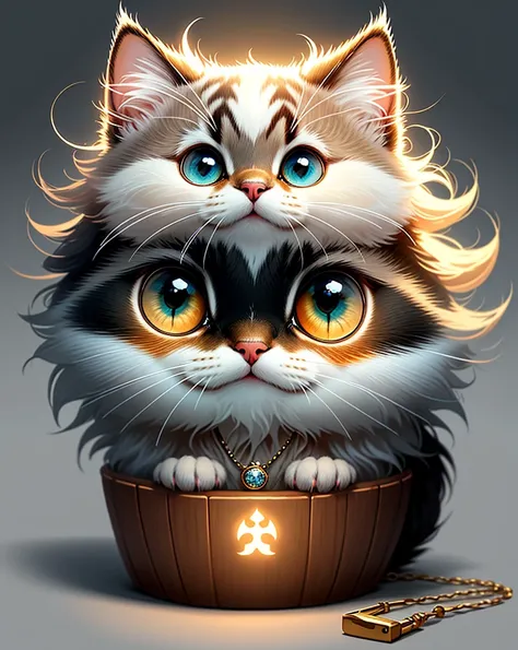 Wearing a necklace、With eyes of different colors、small and cute cat,Norwegian Forest Cat, Little, Lovely and fluffy, Logo Design, comics, Cinematic Lighting Effects, Charm, 3D vector art, Cute and quirky, Fantasy art, Bokeh, Written by hand, Digital Painti...