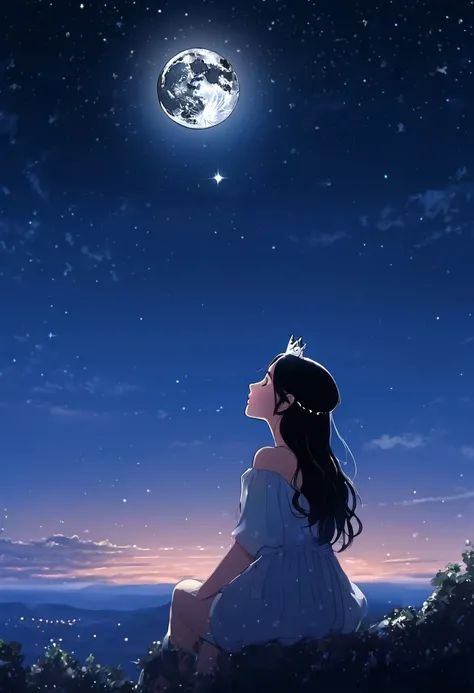 universe (sky), girl in the center, con brillo estrellas en el sky, evening, 1 black hair girl with crown,evening sky, Alone, outdoor,, wide, looking at the moon in profile,moon