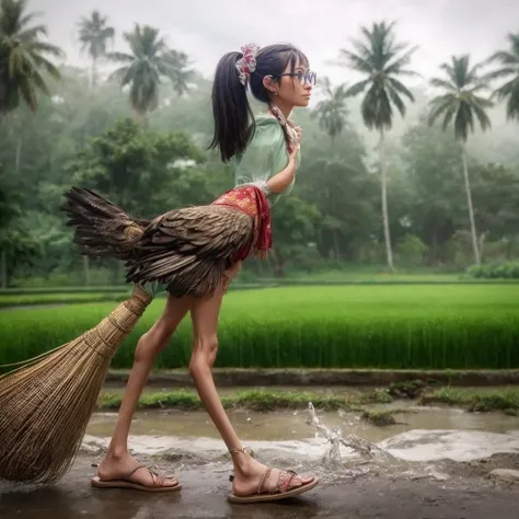 Chicken with human legs wearing sandals cow tail palm fiber long hair woman wearing glasses 