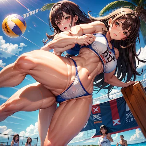 / Brown eyes, long dark hair, / big tits / girl with、lighting like a movie、The bikini、beachvolley、Shoot spikes、beach volley ball、spring、jump、(thighs thighs thighs thighs:1.5)、huge tit、jump、shout out、 