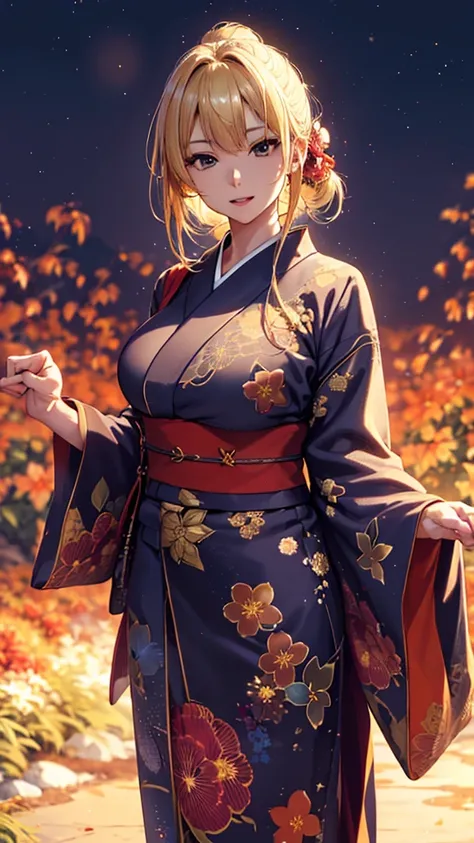 masterpiece, high quality, 4K, Beautiful design, silhouette，blonde， 非常に詳細な夜のStarry Sky,Flower Field， wonderful, Finer details,  Very knowledgeable woman, Highly detailed solo, 1 female,Big Breasts，Red color yukata，Night view，Starry Sky，Fireworks in the bac...