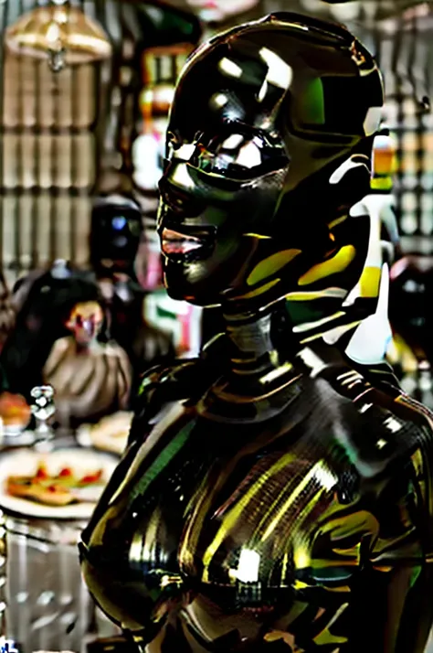 (far shot, full shot), photorealistic masterpiece, photoshoot, hasselblad photography, face, (skinny) Adult waitress wearing a silver (latex mask, latex hood, open latex catsuit:1.5), (large breasts, perfect cleavage, round breasts, plunging neckline:1.2),...