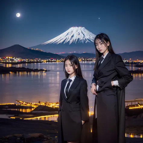 1 girl, black suit with tie, black long coat, standing in the lake, bird view, sci fi mountain, there is glare,looking in the fr...